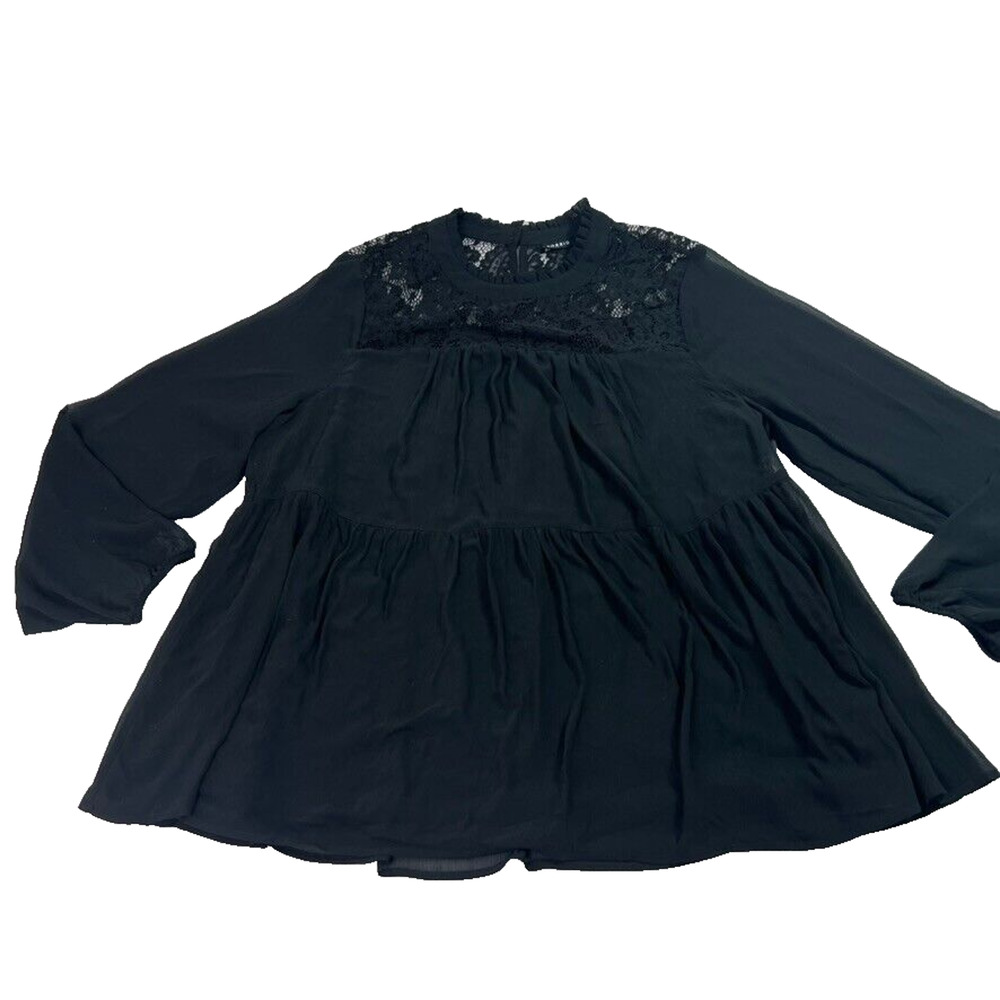 Torrid Blouse Lace Chiffon Overlay Black Baby Doll Oversized Tiered Long Sleeve